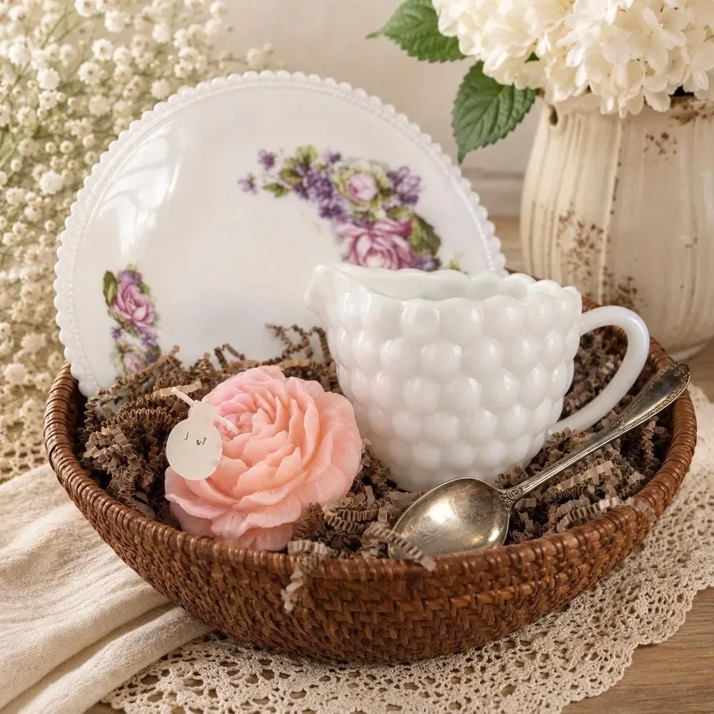 Vintage Milk Glass Creamer Gift Basket – Floral Plate, Pink Rose Candle, Cottage